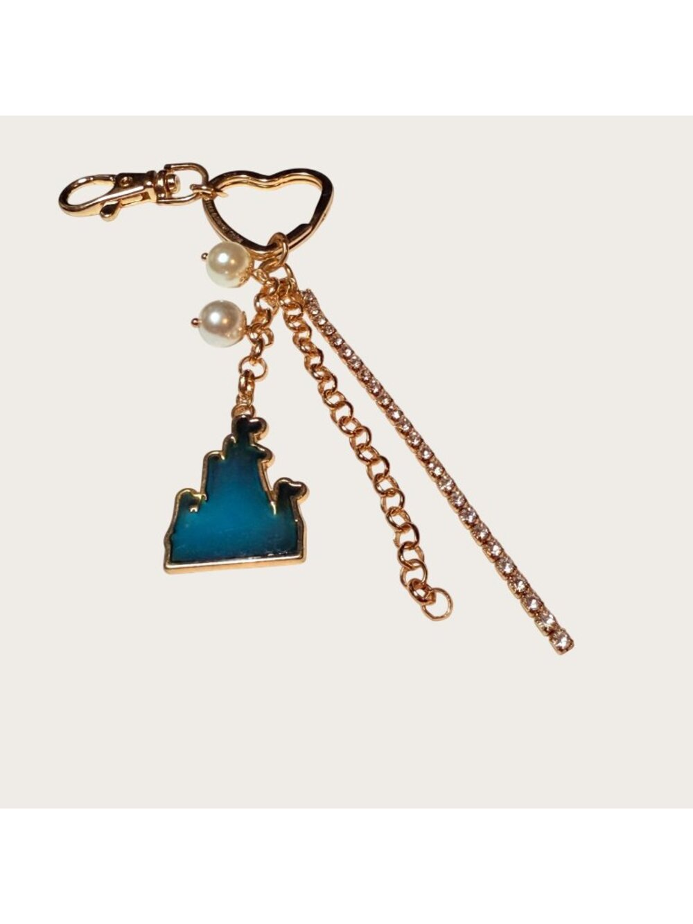 Disney Castle Gold Heart Keychain Keyring Bag Clip Pearl Rhinestone Accents